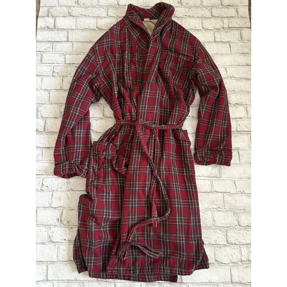 L.L.Bean Scotch Plaid Flannel Robe Men XL Regular Sherpa Lined Red Belted
